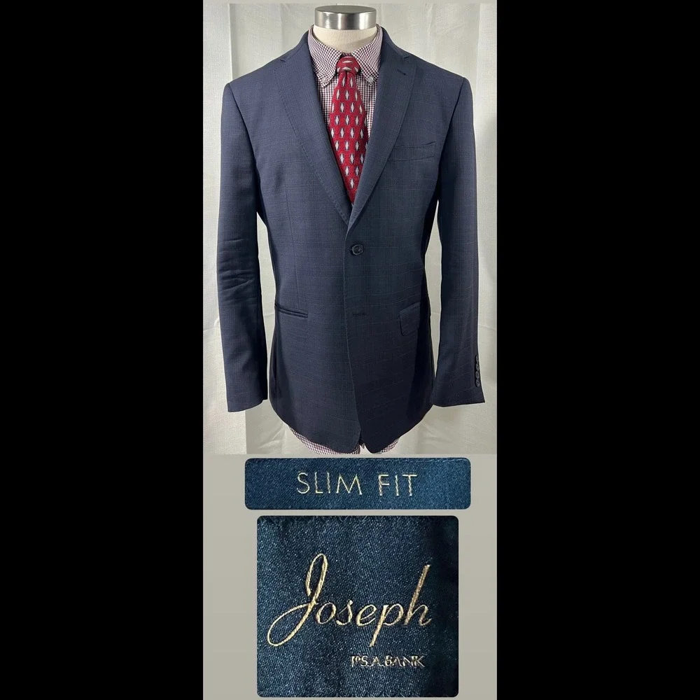 Jos A Bank Joseph Slim Fit Blazer Mens Navy Blue Glen Plaid Sport Coat 2 Button